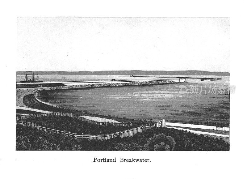 从波特兰看防波堤的景色;韦茅斯波特兰和多塞特的旅游景观- 1890年;